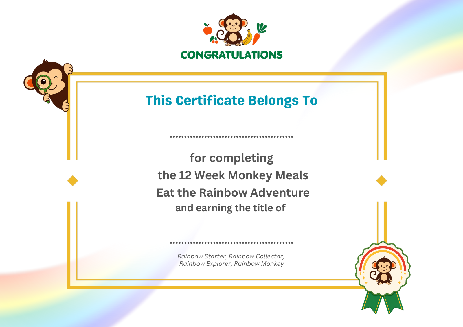 The Monkey Meals finish certificate